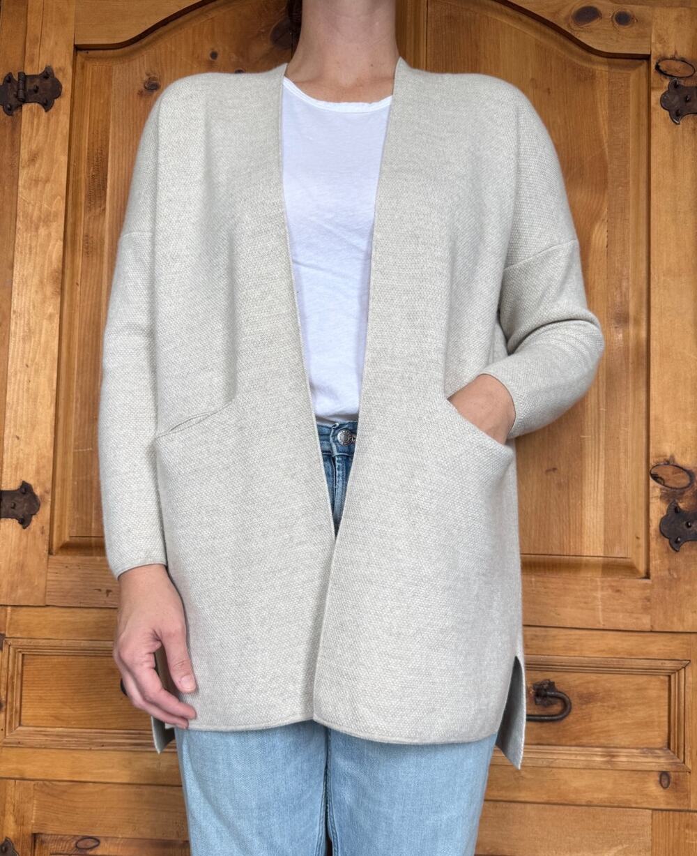 Sibin Linnebjerg Open Front Heart Cardigan Merino Wool Sweater, Medium, Oatmeal